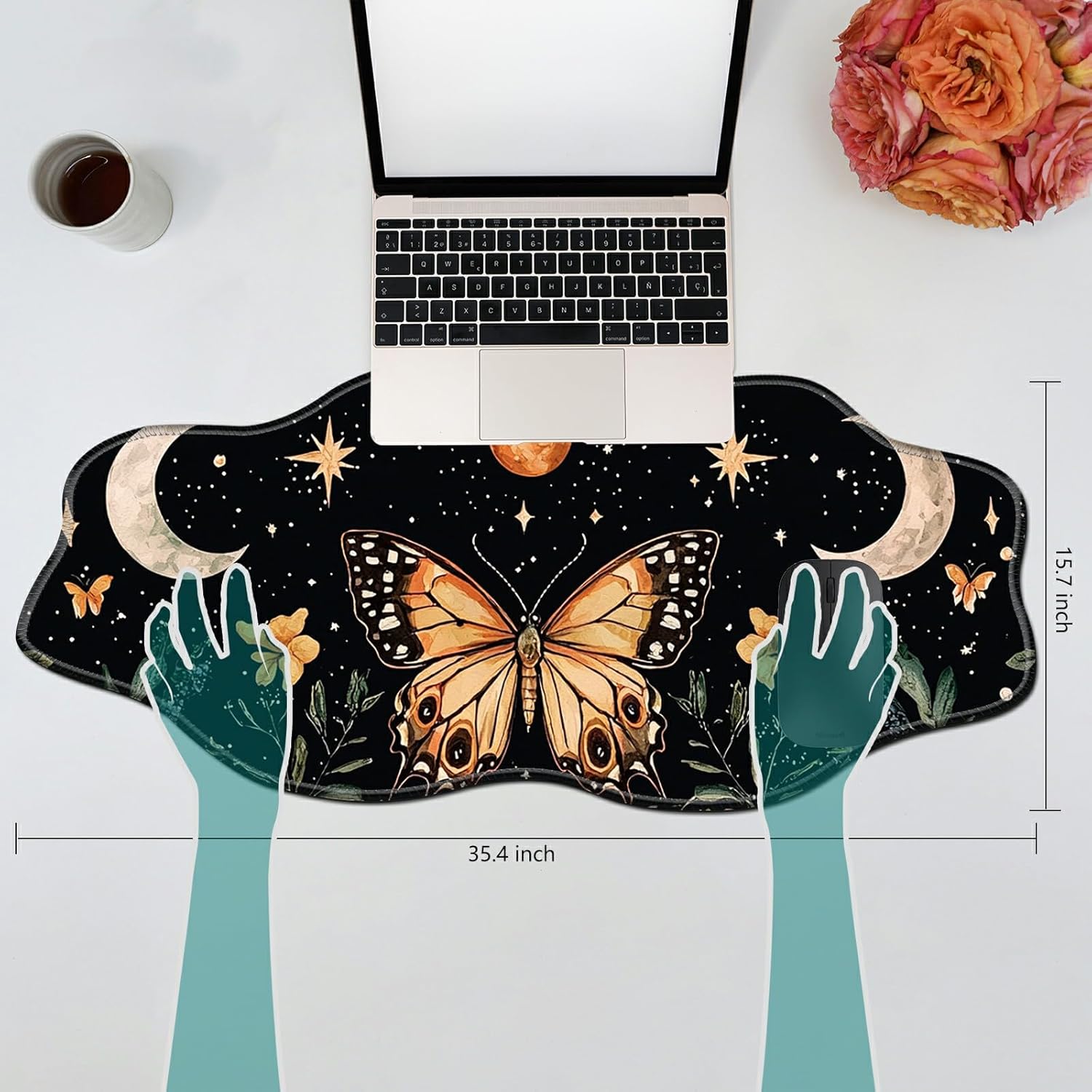 Stars Moons and Butterfly Desk Mat Mouse Pad 35.4X15.7 XL Extended Mousepad Huge Mouse Pads with Stitched Edges Desk Pad for Work, Game, Office, Home