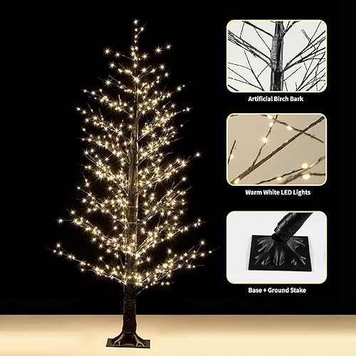 Miniatura 3 de Árbol de abedul iluminado negro de 5 pies con 800 luces cálidas, árbol de Navidad preiluminado con luces parpadeantes, árbol de abedul LED para
