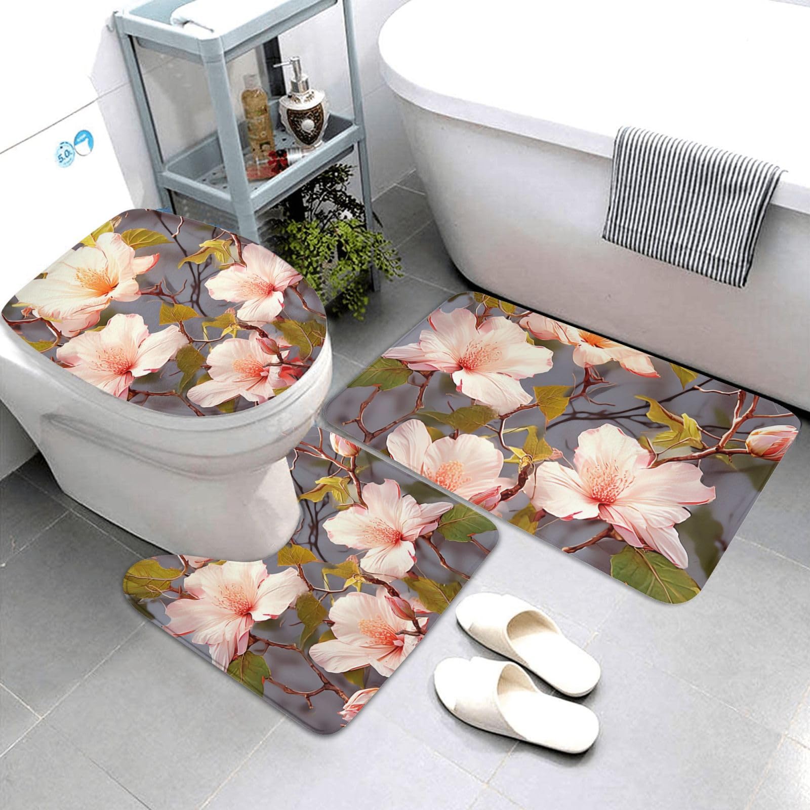 Dwrepo Vine Flower Print Bathroom Rug Set 3 Piece with Non-Slip U-Shaped Contour Mat and Toilet Lid Cover for Bathroom Decoration