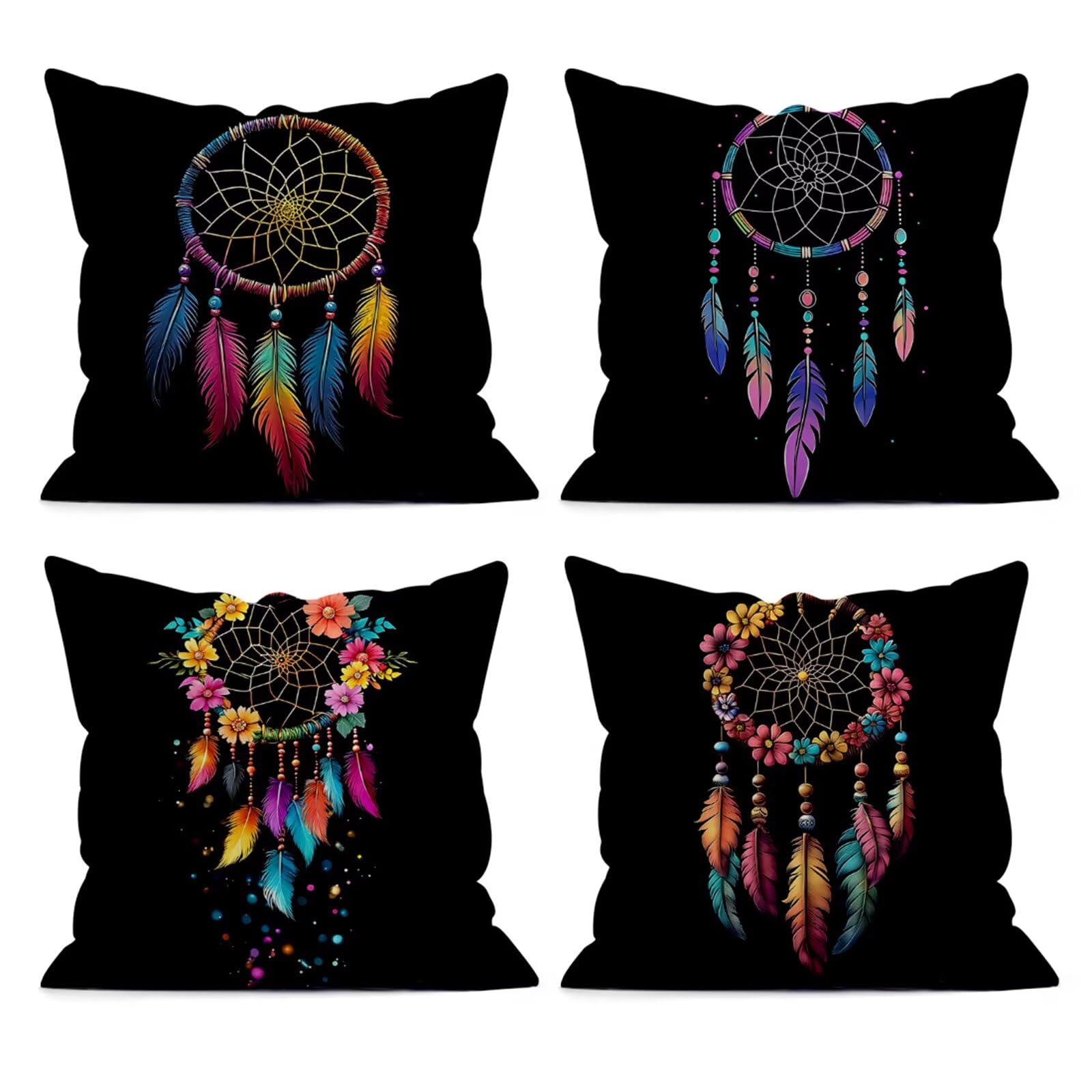 QiHon Cushion Covers 60x60 cm Set of 4 Colourful Feathers Linen Square Pillow Cases 24x24 inch Modern Decorative Throw Pillow Covers for Sofa Couch Bedroom Home Office with Invisible Zipper
