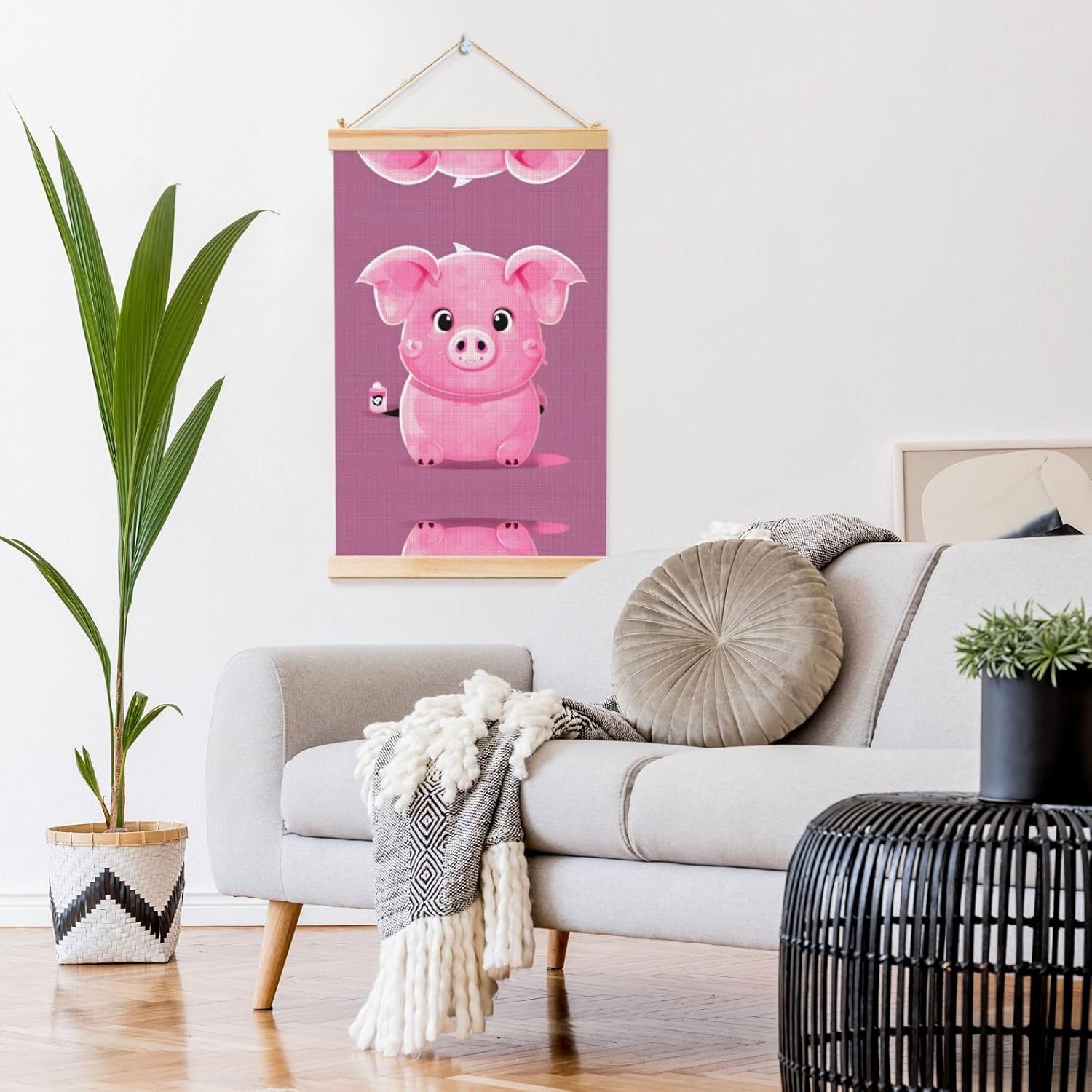 Pink Cute Pig Print Poster Hanger,Hanging Poster, Poster Frame,Wood Poster Hanger, For Wall Hanging