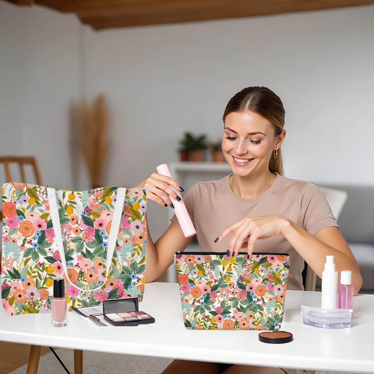 Aesthetic Floral Tote Bag Makeup Bag Flower Decor Gifts for Girls Christmas Shopping Grocery Bags Cosmetic Bags