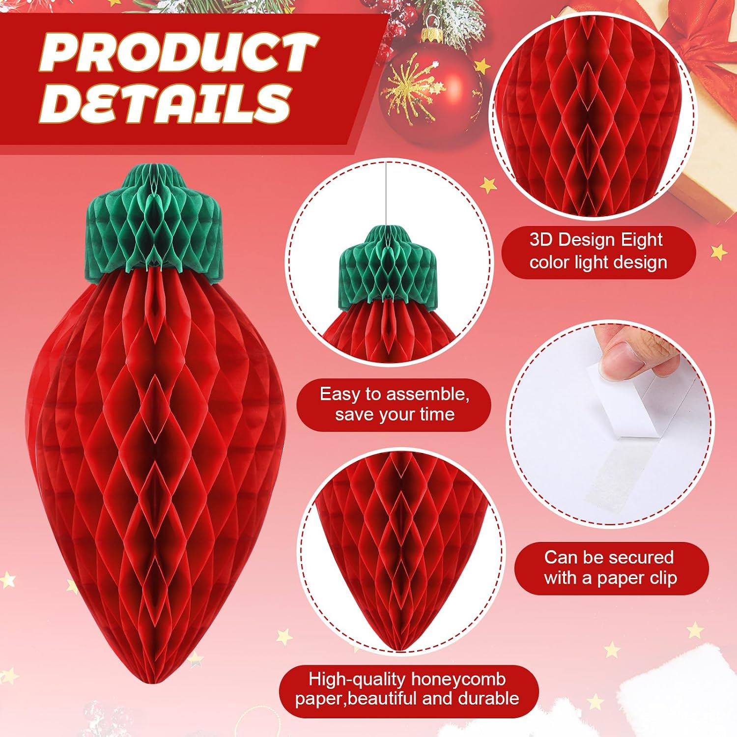 12 Pcs 20" and 12" Bright Jumbo Christmas Lights Honeycomb Hanging Decoration Large 3D Light Bulb Xmas Assorted Colors Honeycomb Light for Christmas Tree Mantel Ceiling Classroom Ornament