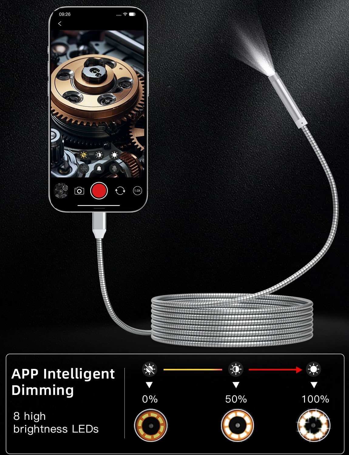 Endoscope Camera with Light, 1920P HD Borescope Camera with 8 Adjustable LED Lights, 5.9ft Bellows Endoscope with Light, IP67 Waterproof 8mm Endoscope for iOS and Android (5004 PRO)