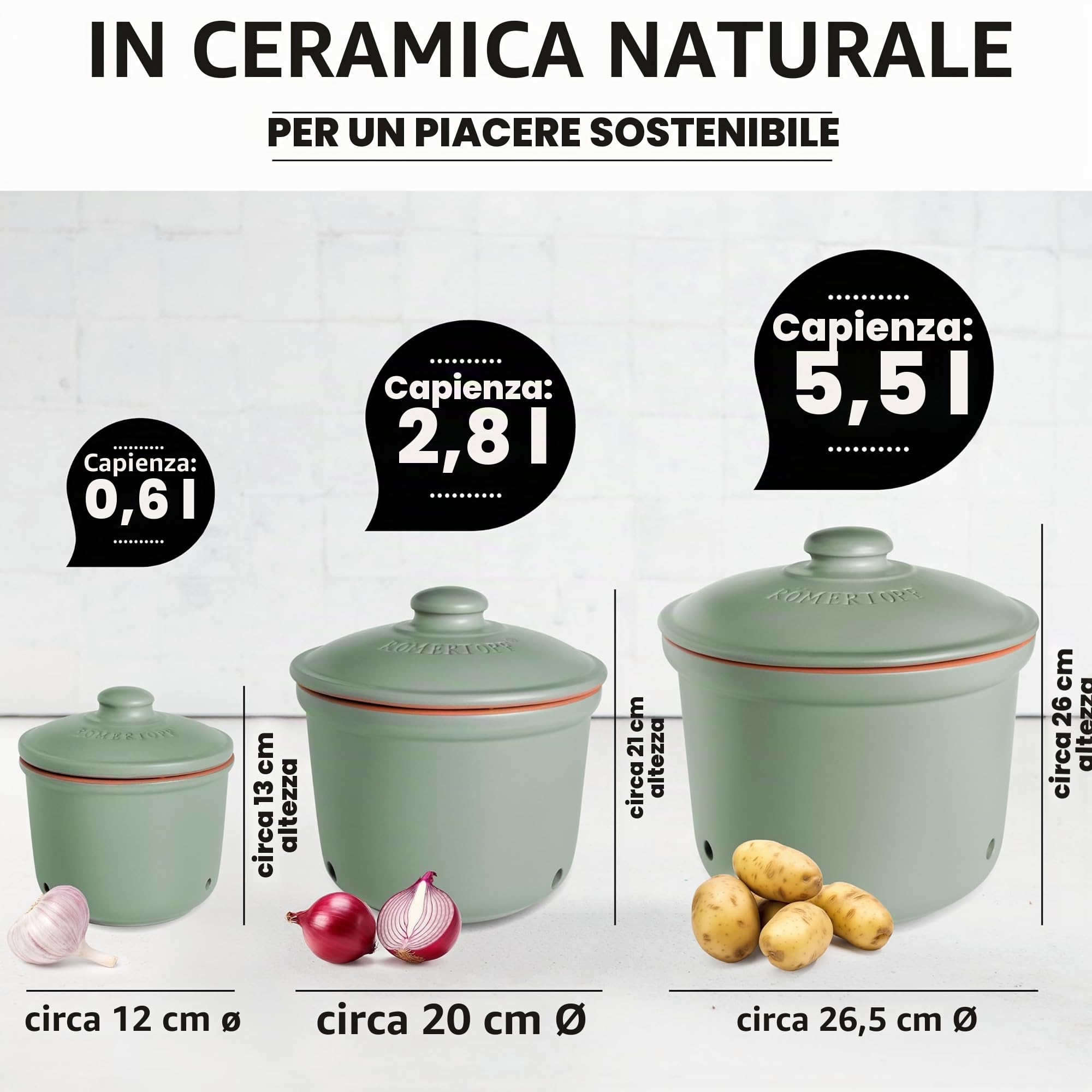 Römertopf Set 3 Contenitori Freschezza in Ceramica – Porta Aglio, Cipolle e Patate, Conservazione Naturale e Traspirante, Verde, tradizione dal 1967