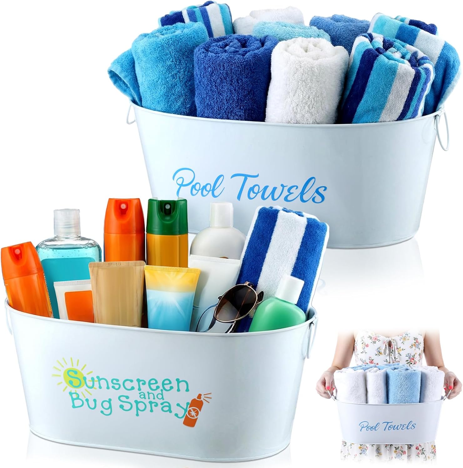 Blulu 2 Pcs Sunscreen Storage Bucket Metal Poolside Basket Pool Towel Sunscreen Bug Spray Summer Basket Bin Outdoor Storage for Pool Goggle Flip Flop Spf Swimming Camping Beach Accessories Decor