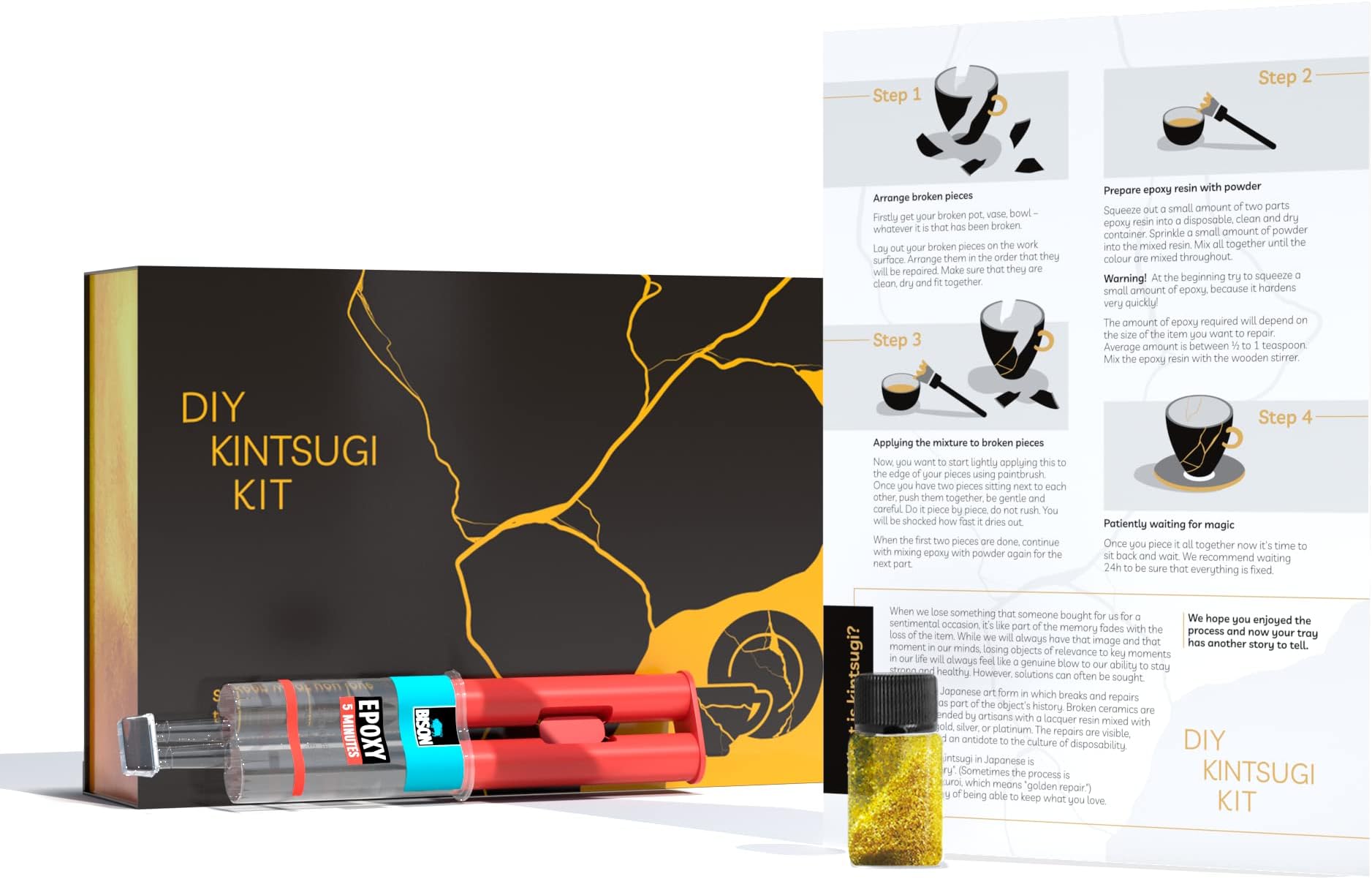 DIY KINTSUGI KIT Repair Your Pottery with Powder Glue, Ceramic Repair kit Japanese kintsugi Repair Starter kit Perfect for Beginners and for Gift idea