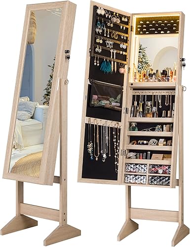 LUXFURNI Armario de joyería con luz LED, espejo de pie, organizador de almacenamiento grande con cerradura y cajones (natural)