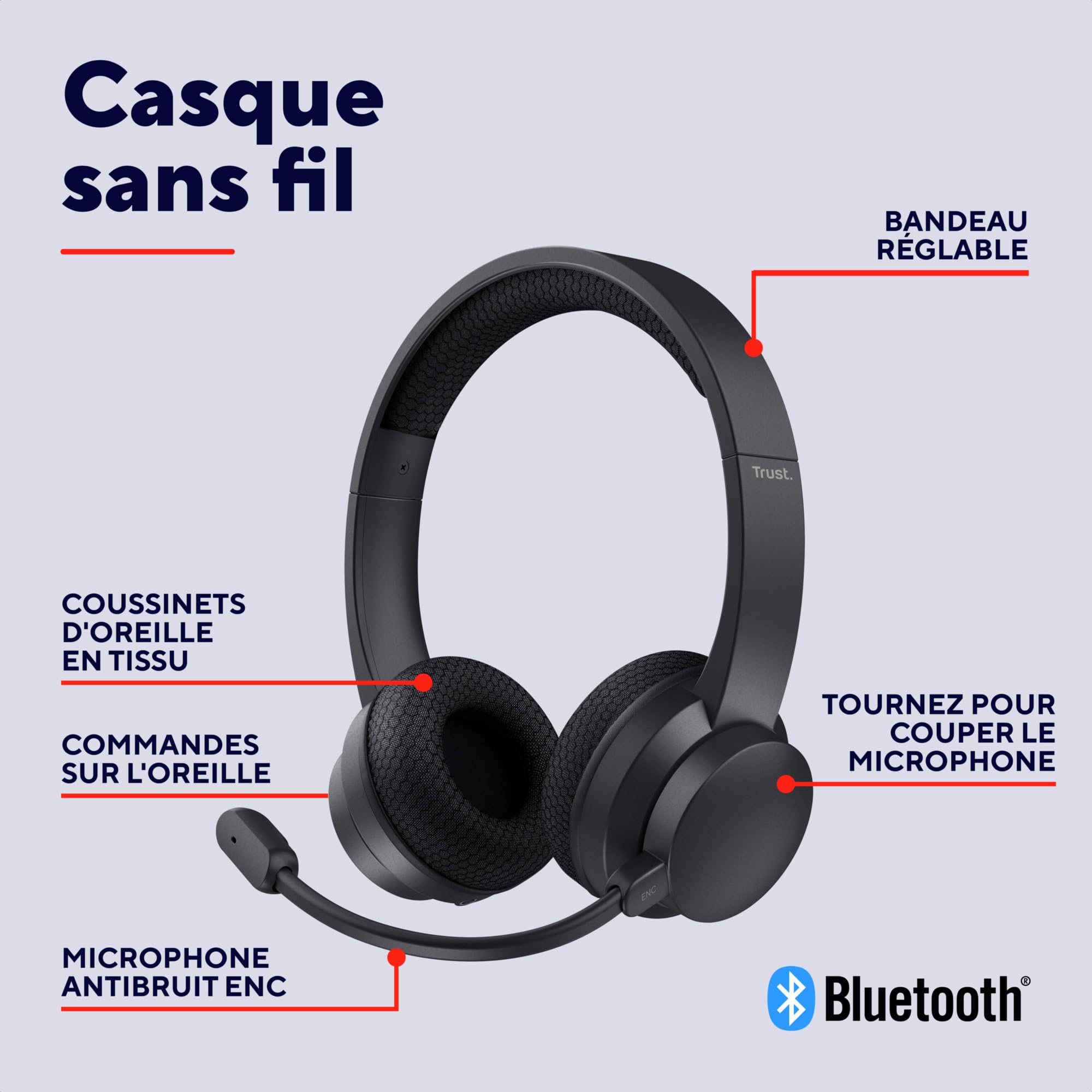 Trust Roha II Casque Bluetooth sans Fil avec Micro ENC Antibruit, Noir