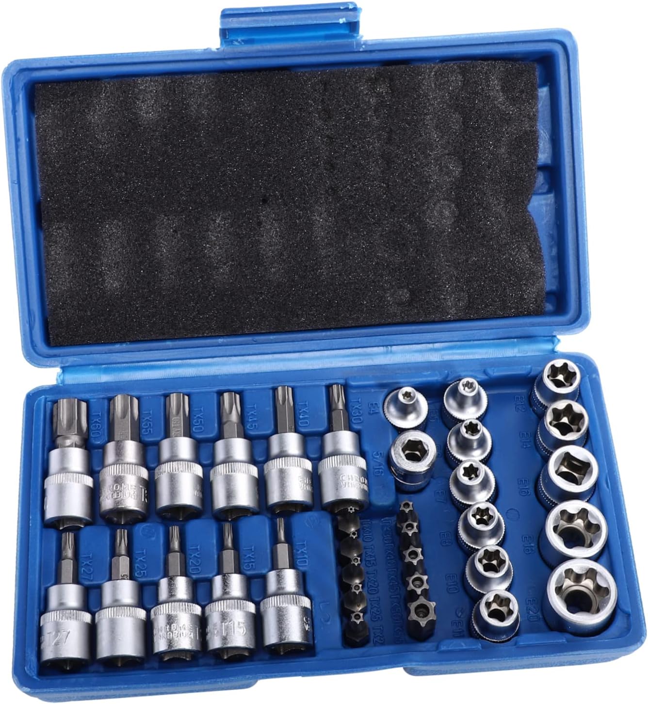 34pcs Female External Star Socket Set Storage Case Steel Star Socket Tools for Easy Use Automotive Repair and Maintenance