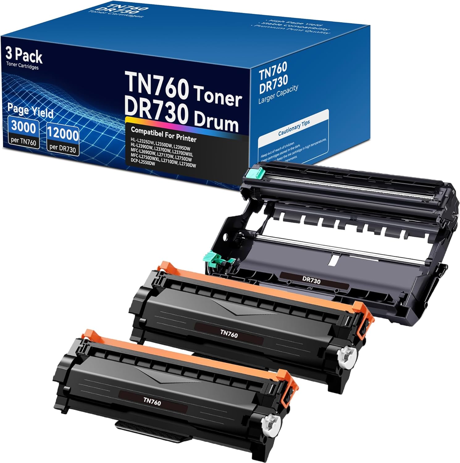 TN760 Toner Cartridge and DR730 Drum Unit Compatible for Brother TN 760 TN-760 DR 730 DR-730 for HL-L2350DW MFC-L2710DW HL-L2370DW HL-L2395DW MFC-L2750DW DCP-L2550DW (2 Toners, 1 Drum Unit, 3 Pack)