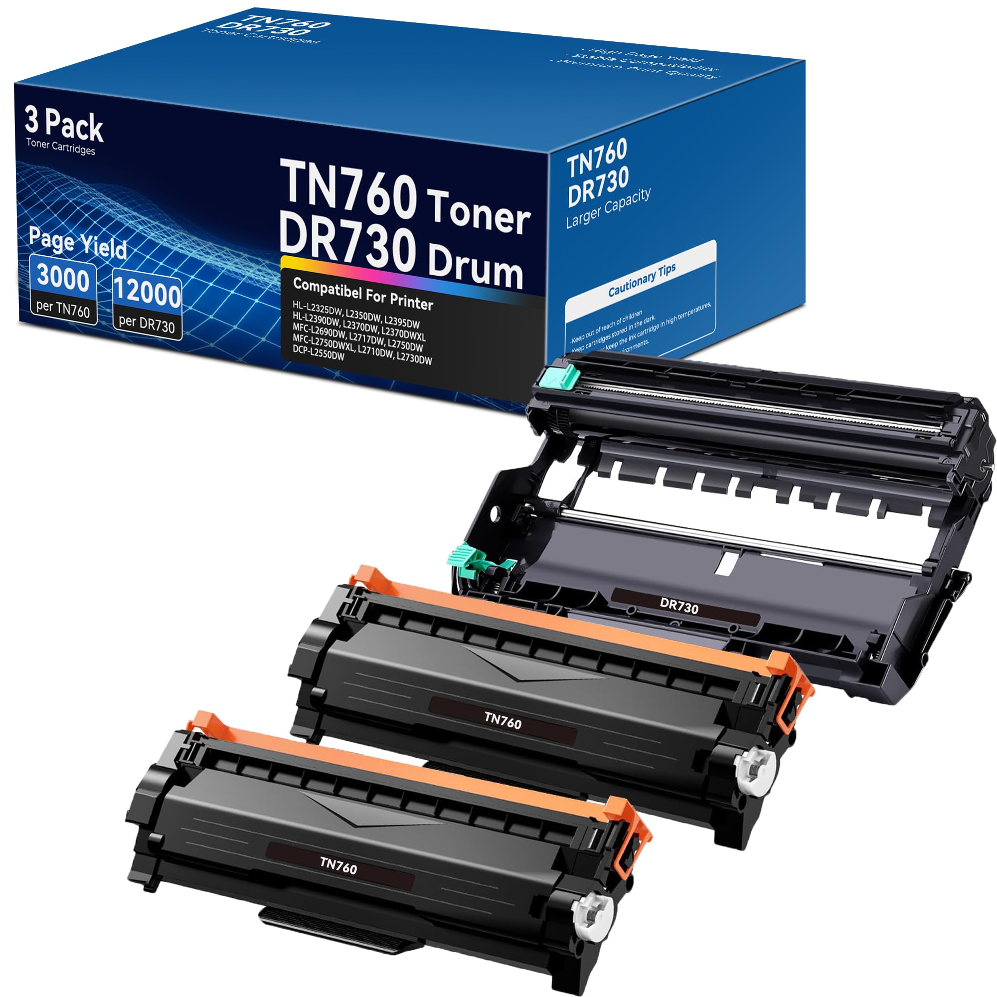 TN760 Toner Cartridge and DR730 Drum Unit (2 Toners, 1 Drum Unit, 3 Pack)