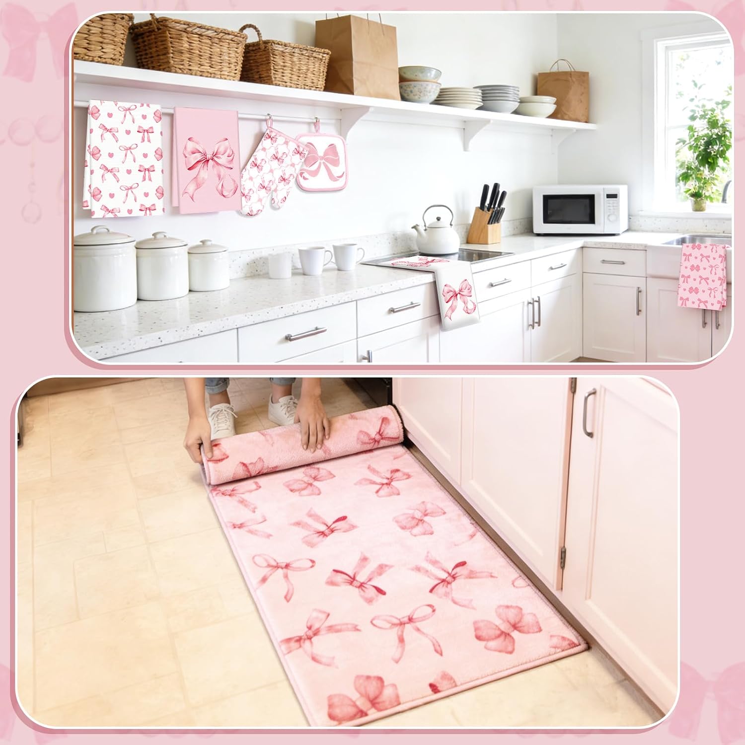JarThenaAMCS 10Pcs Pink Bow Kitchen Dish Towels Rugs Oven Mitts and Pot Holders Set Farmhouse Kitchen Decor Set for Women Mom Daughter Gift Cooking Baking Home Housewarming Party Favors Supplies
