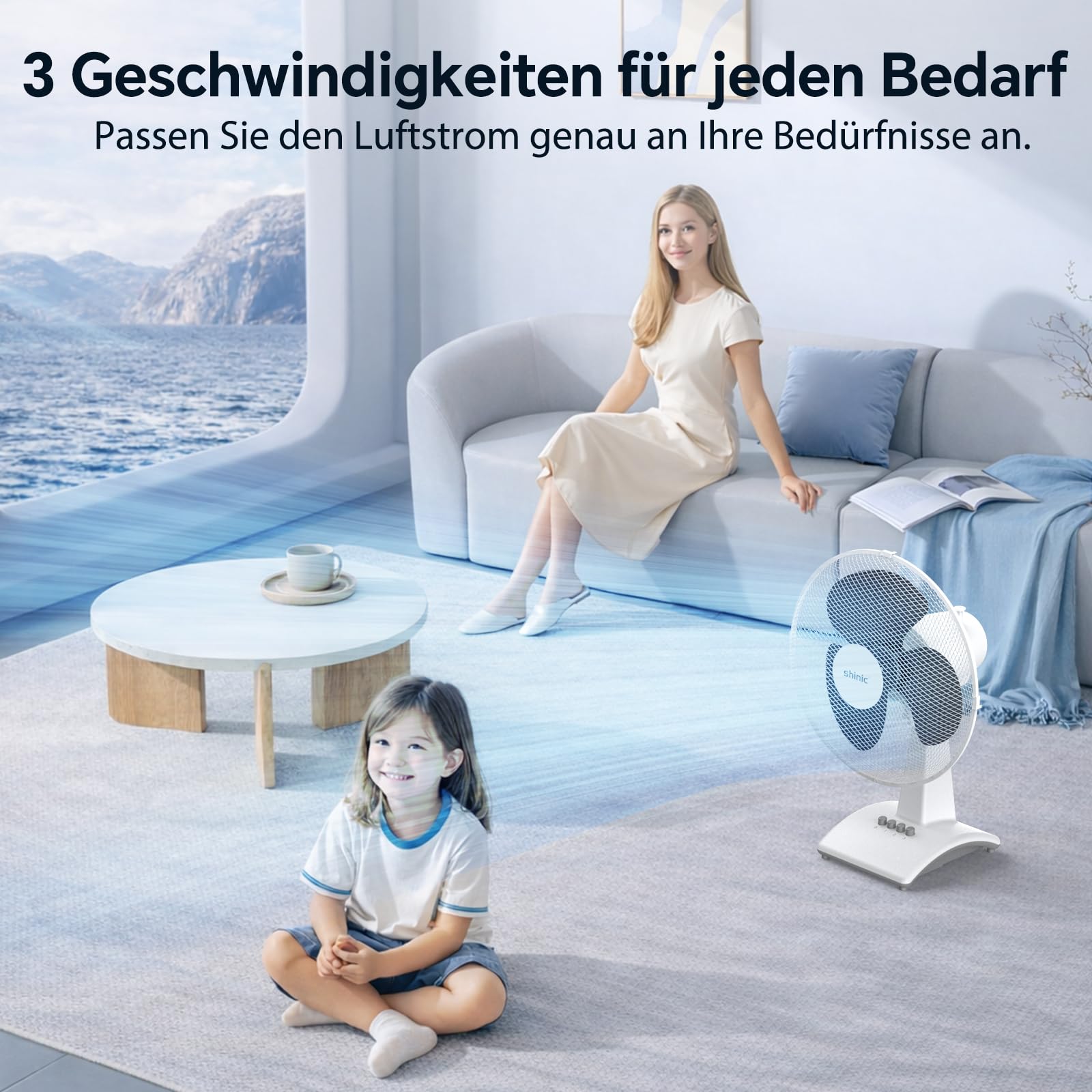 shinic Tischventilator 30 cm, 3 Geschwindigkeiten, Tischventilator sehr leise mit Oszillation, höhenverstellbar, 3 Flügel, tragbarer Ventilator Tisch für Kühlung im Schlafzimmer & Büro, weiß