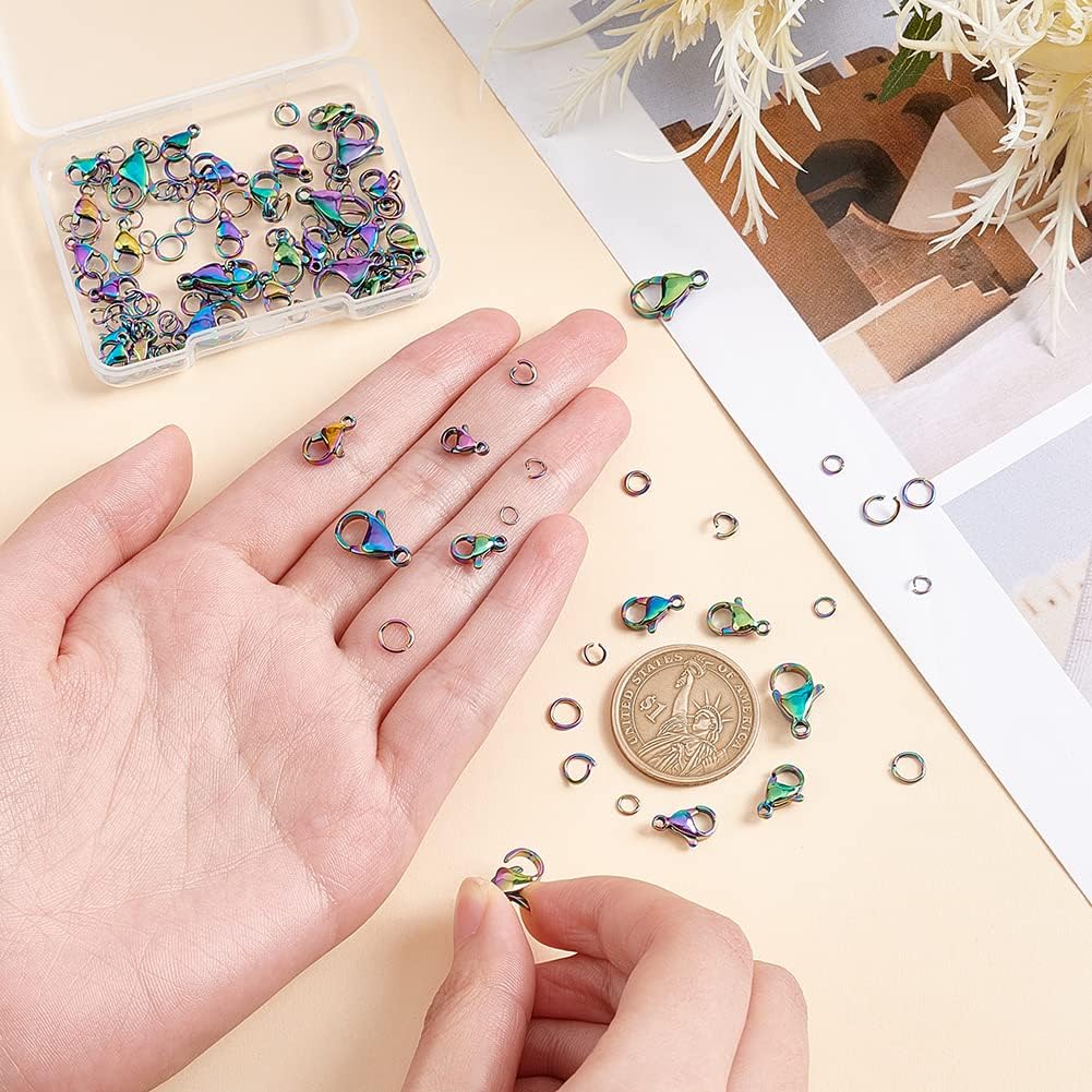 UNICRAFTALE 40Pcs 4 Style Rainbow Color 304 Stainless Steel Lobster Claw Clasps Hole 1~2.2mm with 40Pcs Open Jump Rings Metal Lobster Claw Clasps Findings Kits for Jewlery Making