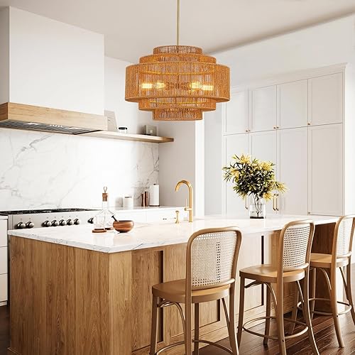 Miniatura 2 de Lámpara de araña grande de ratán bohemio de 25.59 pulgadas, de bambú, tejida a mano, lámpara de araña vintage de ratán dorado para comedor,