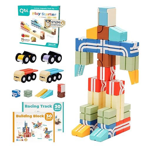 QBI Magnetic Blocks Play Starter Setï½œ4-in-1 STEM Building Blocks with 4 Cars & 3D Track Tilesï½œEducational Sensory Magnet Toysï½œPreschool Montessori Toys for Kids Ages 3-5-8 Year Old Boys and Girls
