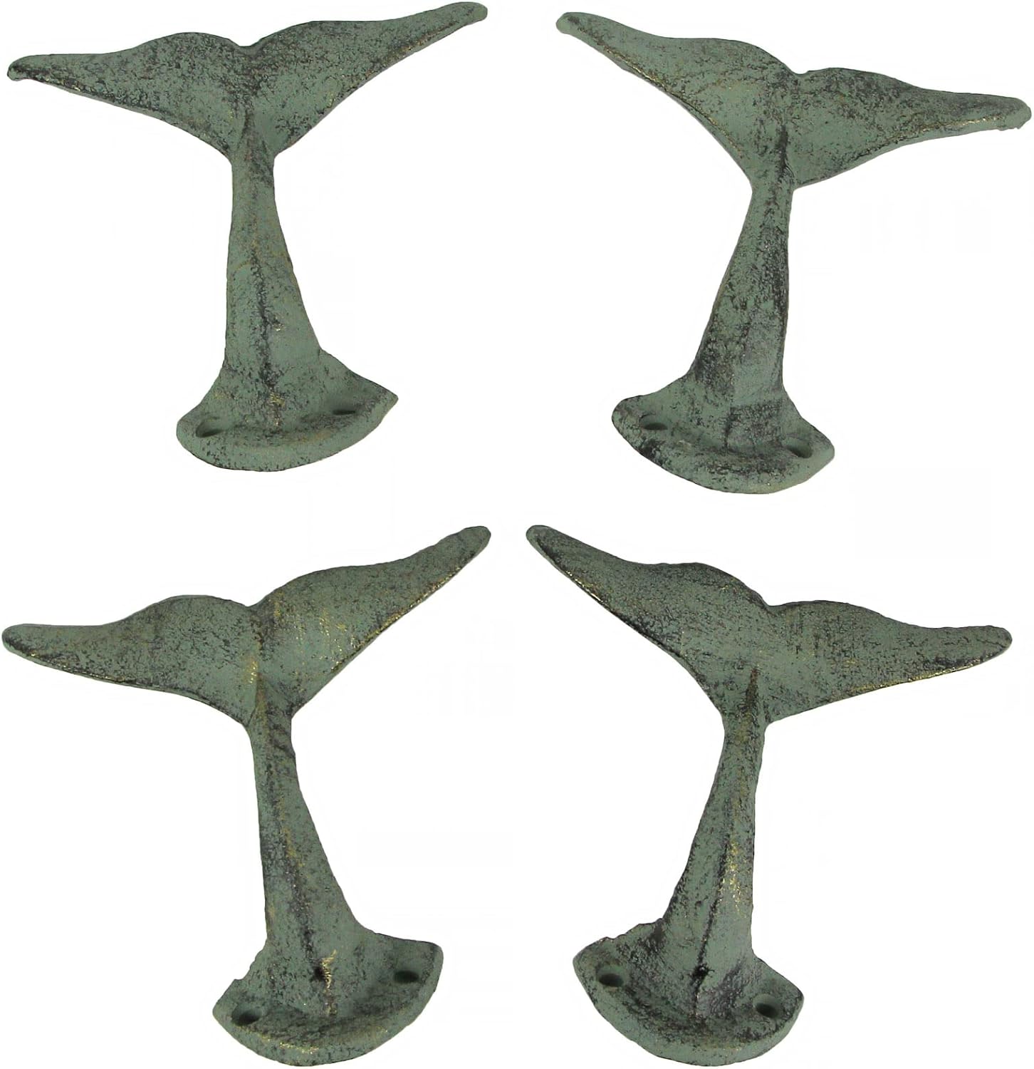 Zeckos Set of 4 Durable Cast Iron Whale Tail Wall Hooks with Verdigris Green Finish - Nautical Decorative Hooks for Coats, Robes, or Leashes - 4.5 Inches Long