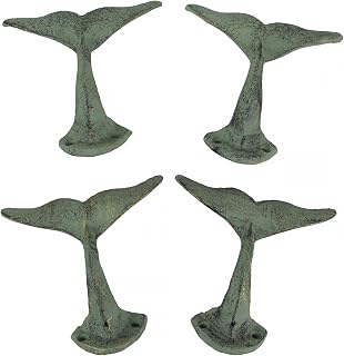 Zeckos Set of 4 Verdigris Green Cast Iron Whale Tail Wall Hooks - Coastal Elegance for Hanging Keys, Coats, and Towels - Decorative Nautical Charm - 5 Inches Long