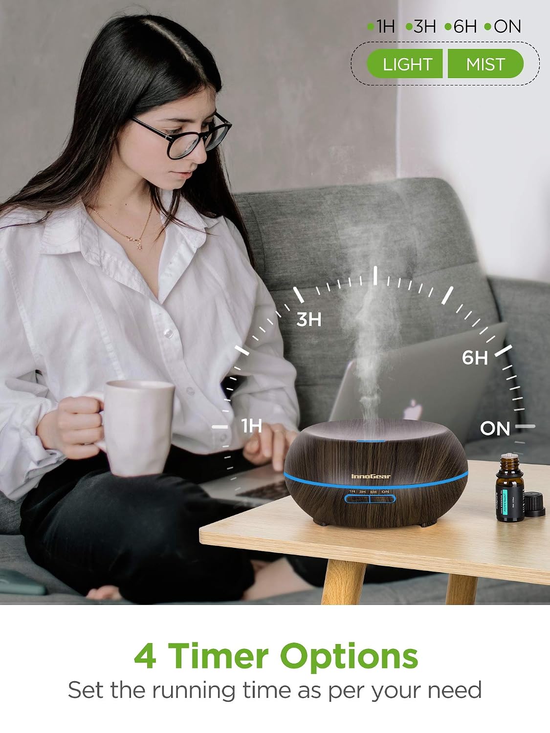 InnoGear Diffusers for Essential Oils, 200ml Wood Grain Essential Oil Diffuser Ultrasonice Aromatherapy Diffusers Aroma Cool Mist Humidifier with Timer Waterless Auto Off, Medium, Dark