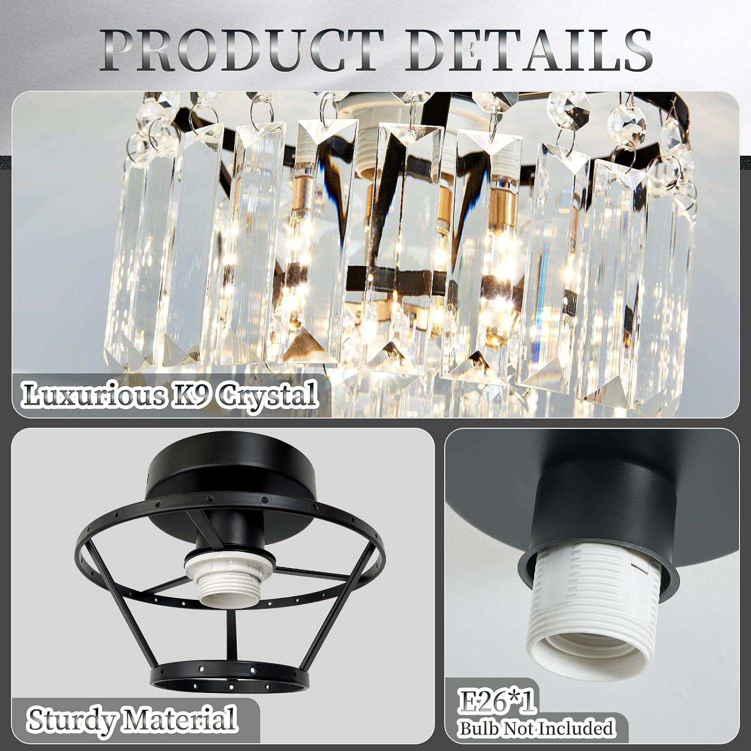 Mini Crystal Chandelier,Black Crystal Chandeliers,2-Tier Semi Flush Mount Chandelier Pendant Lighting Fixture for Living Room Dining Room Corridors Bedroom Hallway E26 Base