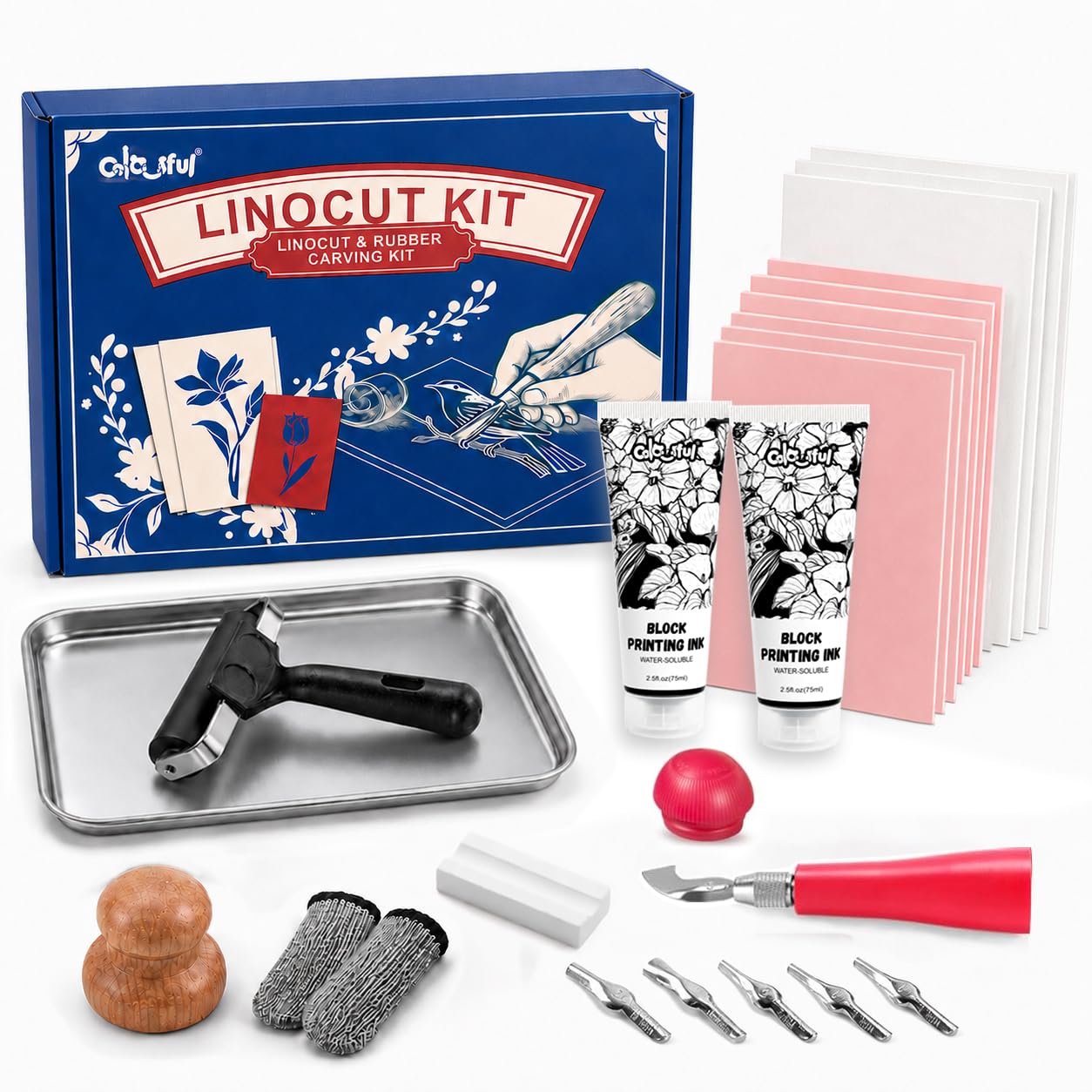Colorful Linocut Kit for Printmaking, 2-Color Block Printing Ink for Crafts