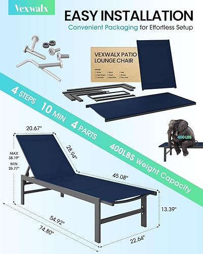Miniatura 3 de Juego de 2 sillas de salón al aire libre para piscina, tumbonas de aluminio con sillón reclinable de 5 posiciones, silla de patio para patio