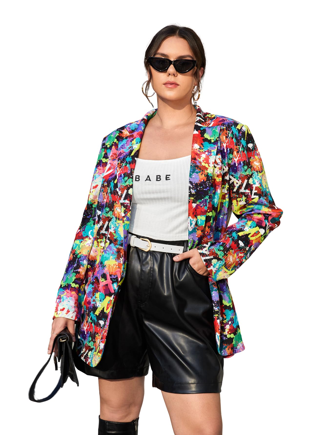 WDIRARA Womens Graphic Print Long Sleeve Single Button Front Open Front Blazer Stand Collar Jacket Waistcoat