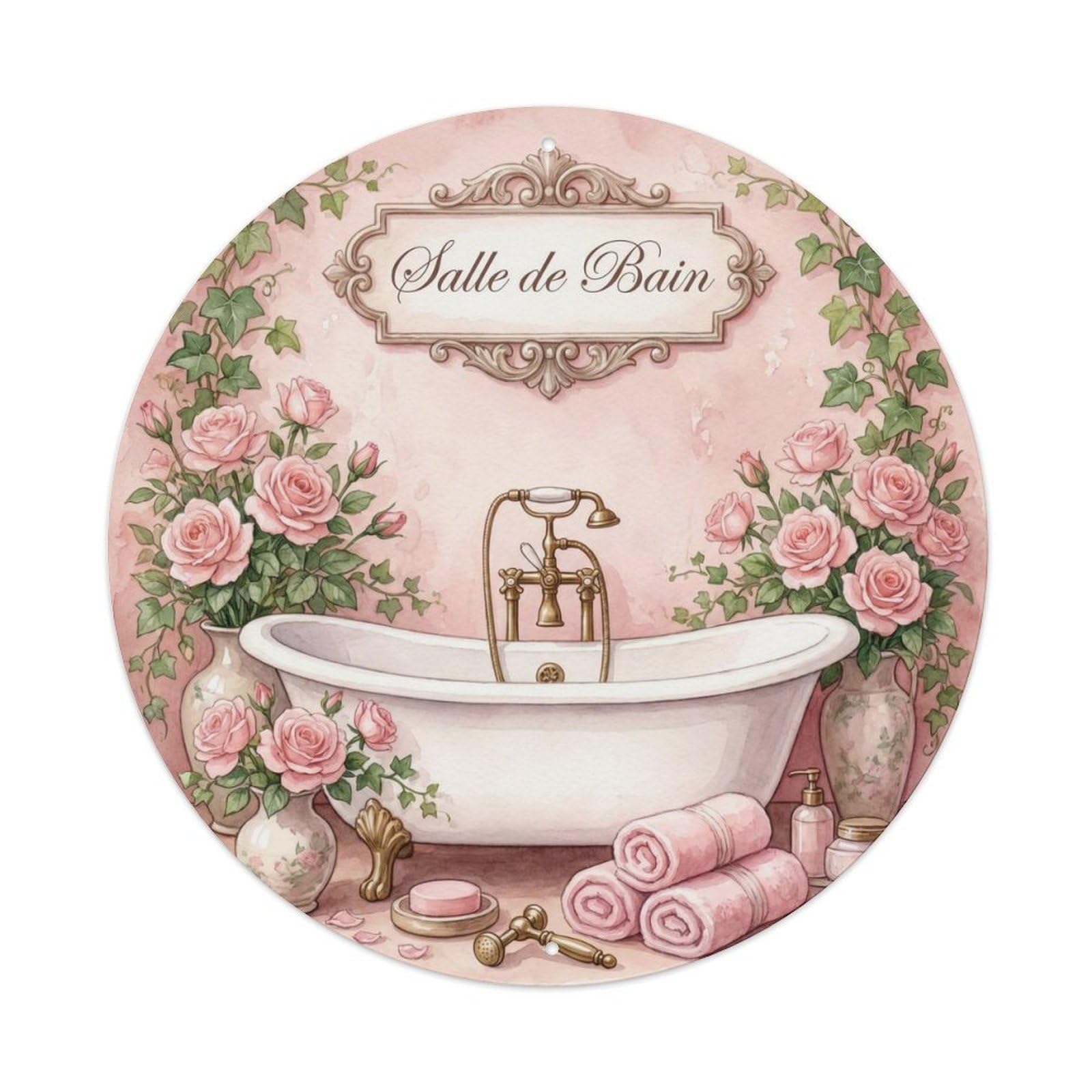 Yrnq Vintage Style Salle Rose Farmhouse Round Bathroom Vintage Metal Tin Sign Plaque Wall Decor For Cafe, Club, Garden Round Metal Poster 8X8inch