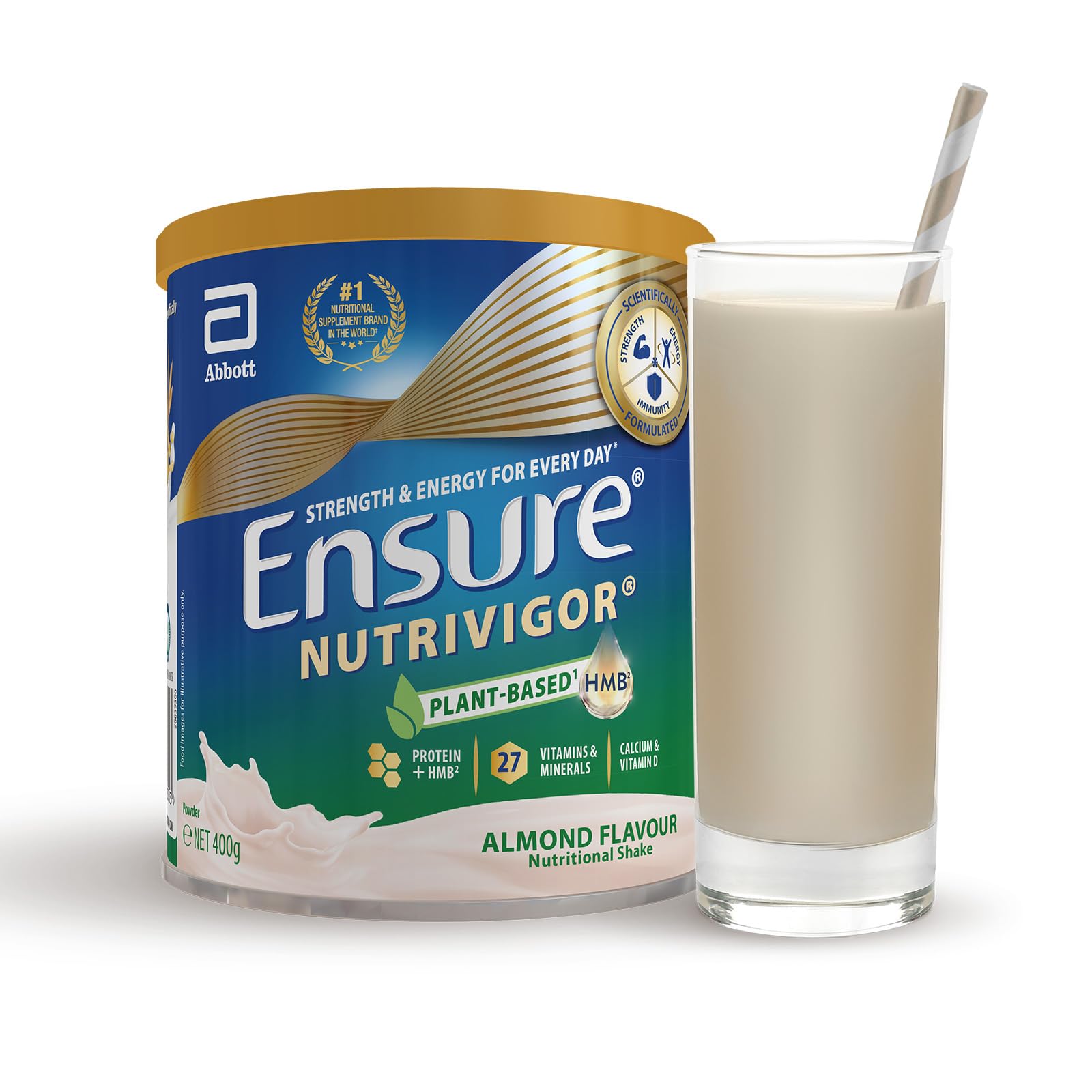 Ensure NutriVigor Nutritional Shake – Almond Flavour – 400g – Food Supplement with Protein, HMB & 27 Vitamins & Minerals – Supports Strength, Energy & Immunity – With Vitamin D, C & B