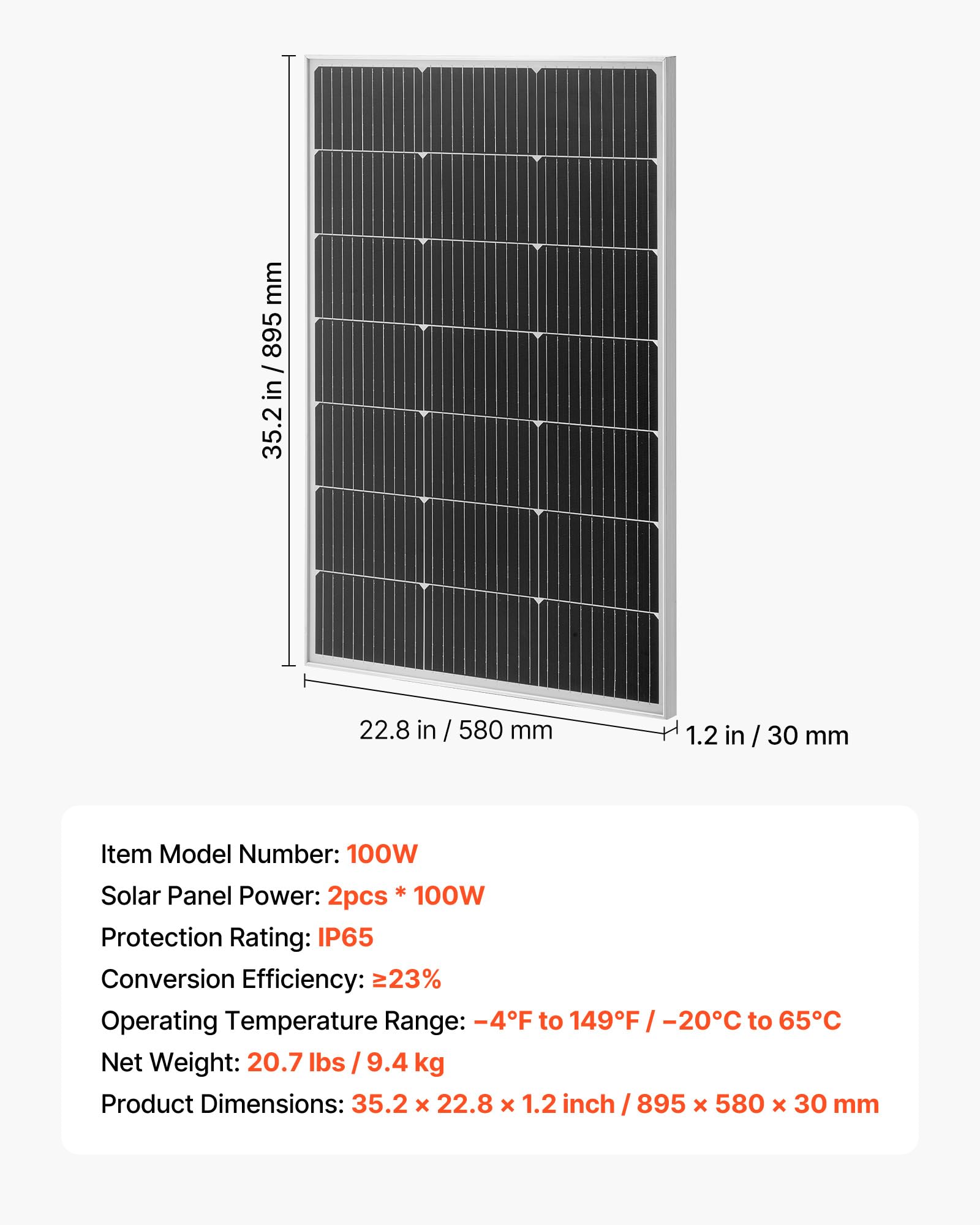 VEVOR Paneles Solares Monocristalinos de 100 W, 895 x 580 x 30 mm, con Salida MC4 Estable y Marco de Aluminio, Resistente al Agua IP65 para Coches, Barcos, Autocaravanas y Techos Planos, 2 uds