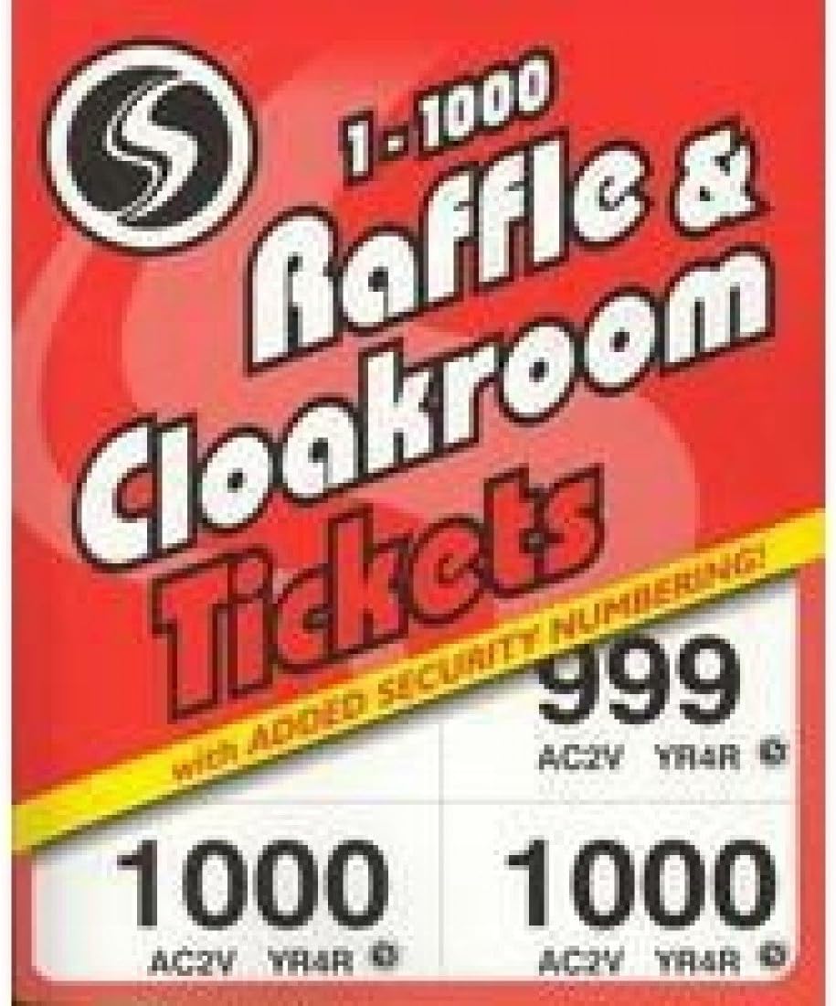 Cloakroom or Raffle Tickets Numbered 1-1000 Assorted Colours [Pack 6]