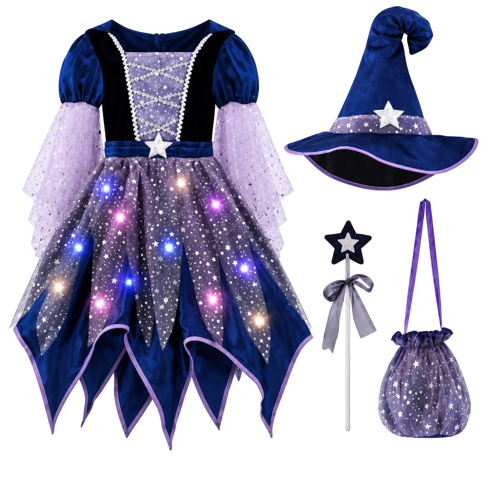 Halloween Witch Costume for Kids Girls Witches Dress Cosplay Witch Outfits with Hat Wand and Candy Bag Aged 4 to 15 Years