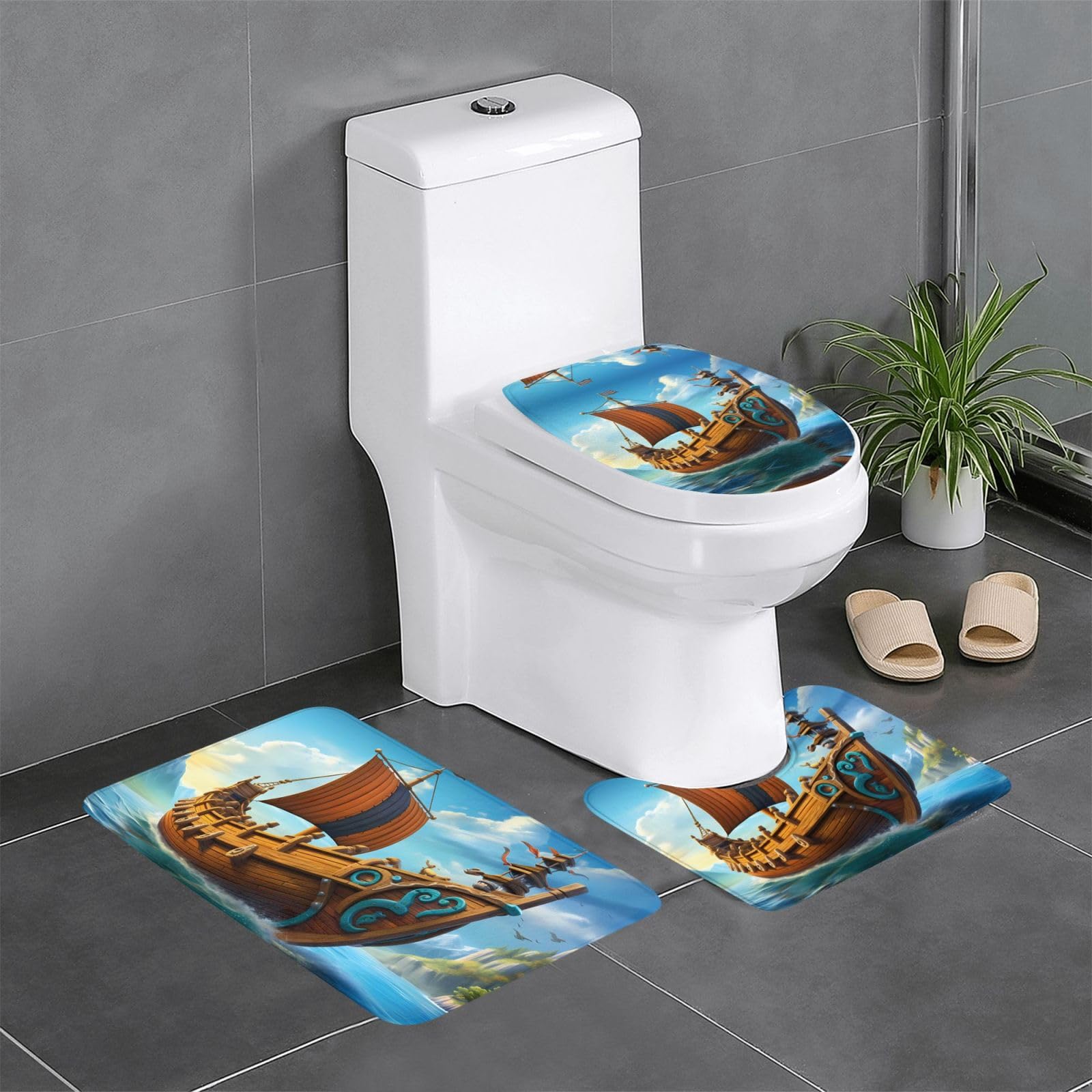 Tapis de salle de bain antidérapants 3 pièces Vikings pour sécuriser les sols humides