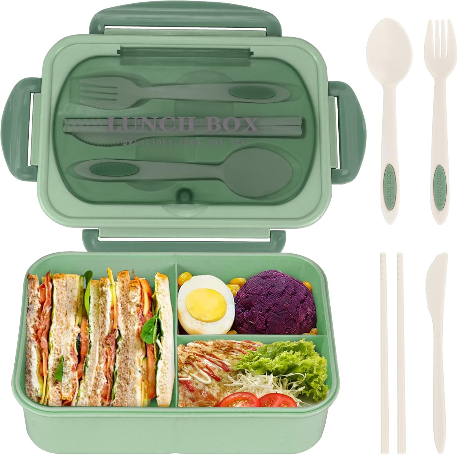 Bento Box for Adult, 1200 ML Lunch Containers for Adults, LeakProof Lunch Box with Utensils, BPA Free, 3 Compartment Bento Box Microwave Safe, Green thumbnail