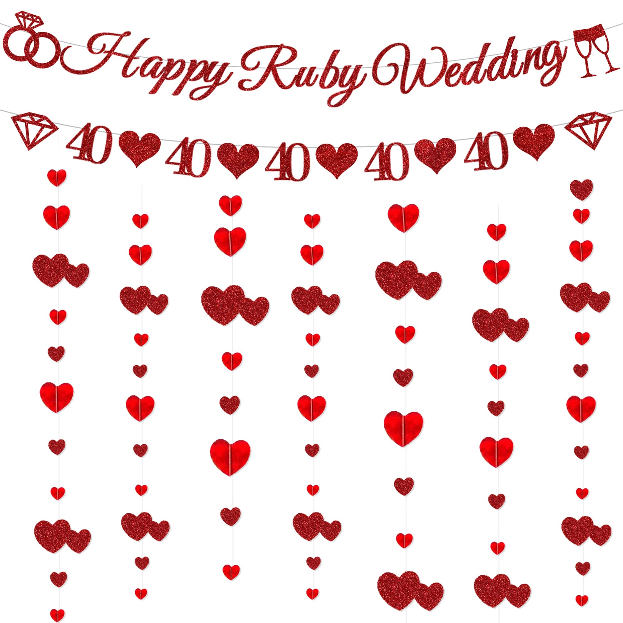Happy 40th Wedding Anniversary Decorations - Ruby Wedding Banner With Diamond and Number 40 Bunting, Glitter Hearts Garland 40th Ruby Anniversary Party Supplies