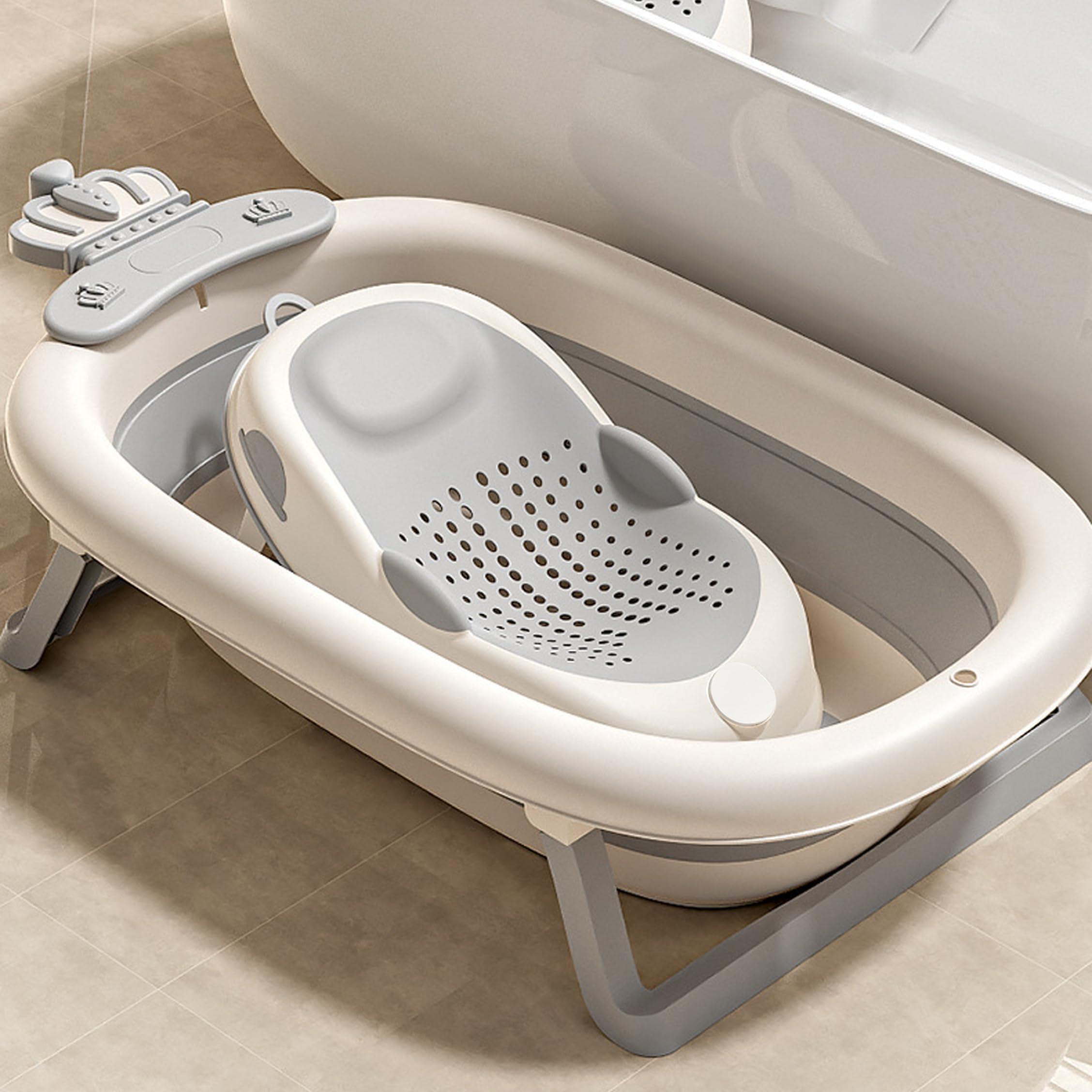 Soporte de baño para bebé antideslizante gris con soporte suave para la columna vertebral y pies plegables, asiento de bañera para recién nacidos, asiento de baño para niños pequeños, gris