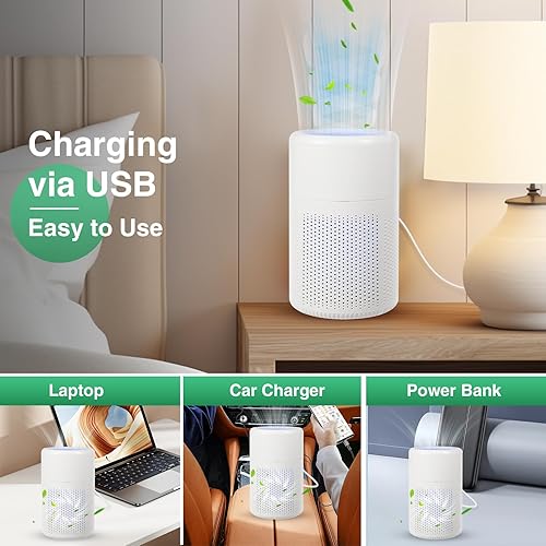 Miniatura 8 de Purificador de aire para alergias en el hogar, pelo de mascotas en el dormitorio, purificadores de aire para dormitorio HEPA con cable USB,