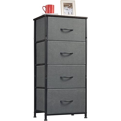 Somdot Tall Dresser for Bedroom with 4 Drawers, Storage Chest of Drawers with Removable Fabric Bins for Closet Bedside Nursery Laundry Living Room Entryway Hallway, Charcoal Grey/Dark Walnut