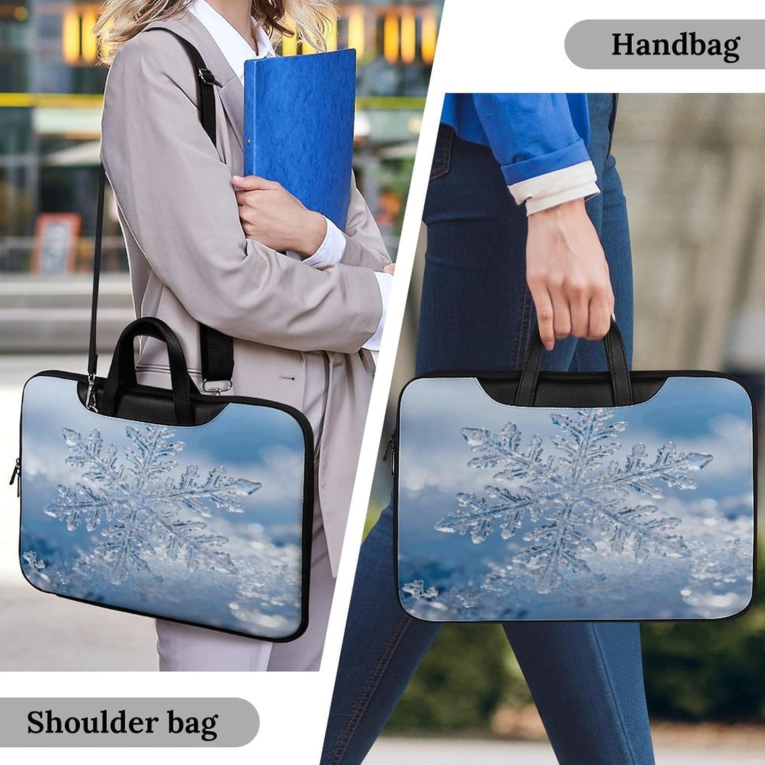 Icy Snowflakes 42x30.5cm Black-style Laptop Bag Leather Tablet Computer Briefcase Large Capacity Work Business Tote Bags for Office