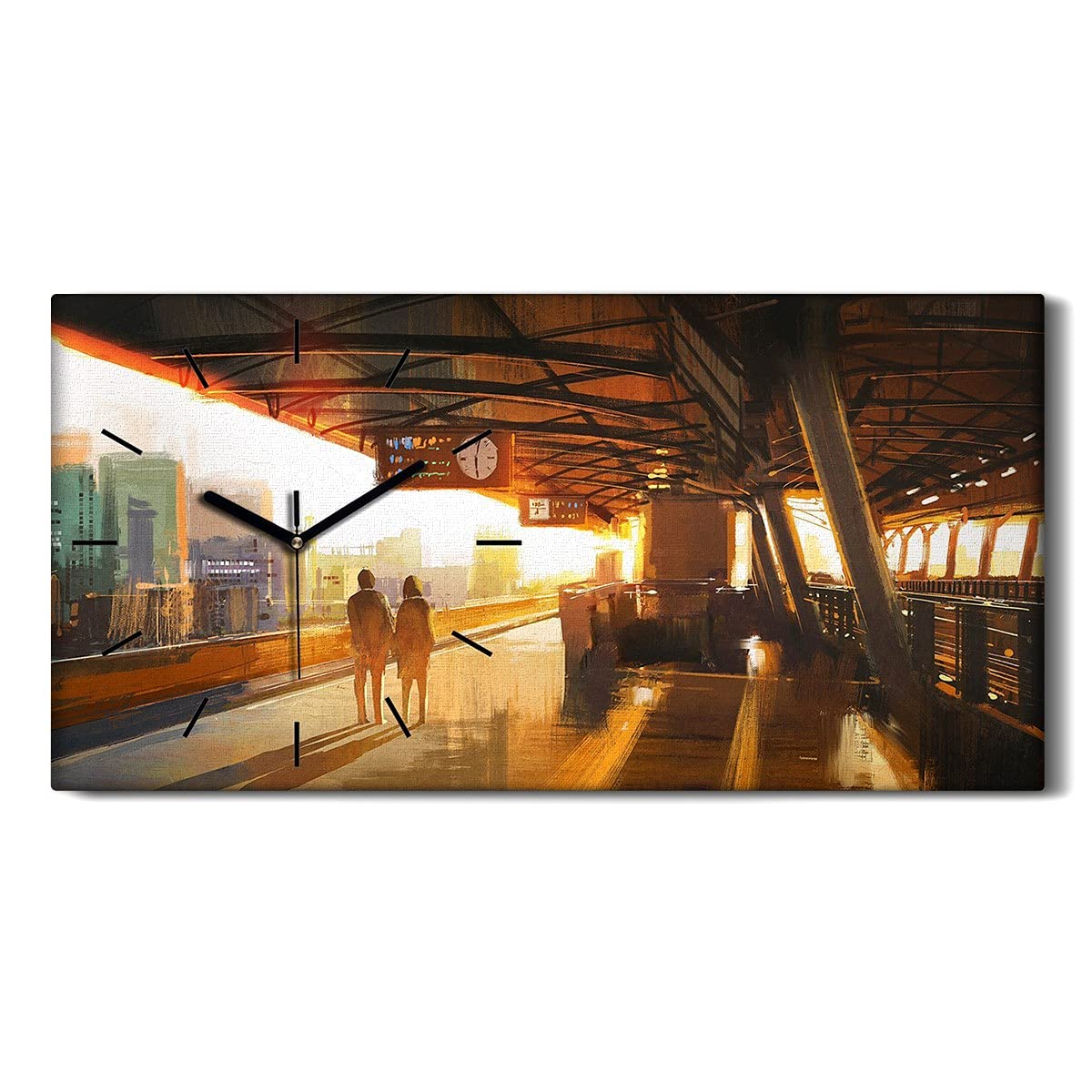 Horloge sur Toile Art Mural Salon Moderne Tableau Couple Train 60x30
