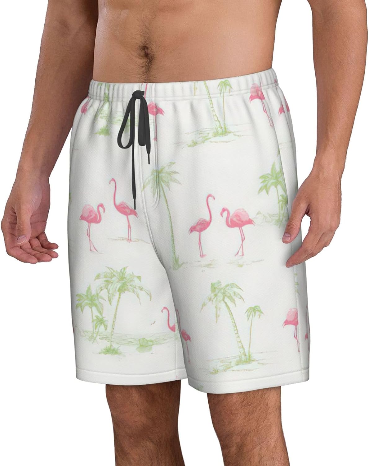Flamingos Print Men's Hawaiian Beach Shorts Elastic Novelty Summer Casual Shorts with Pocket