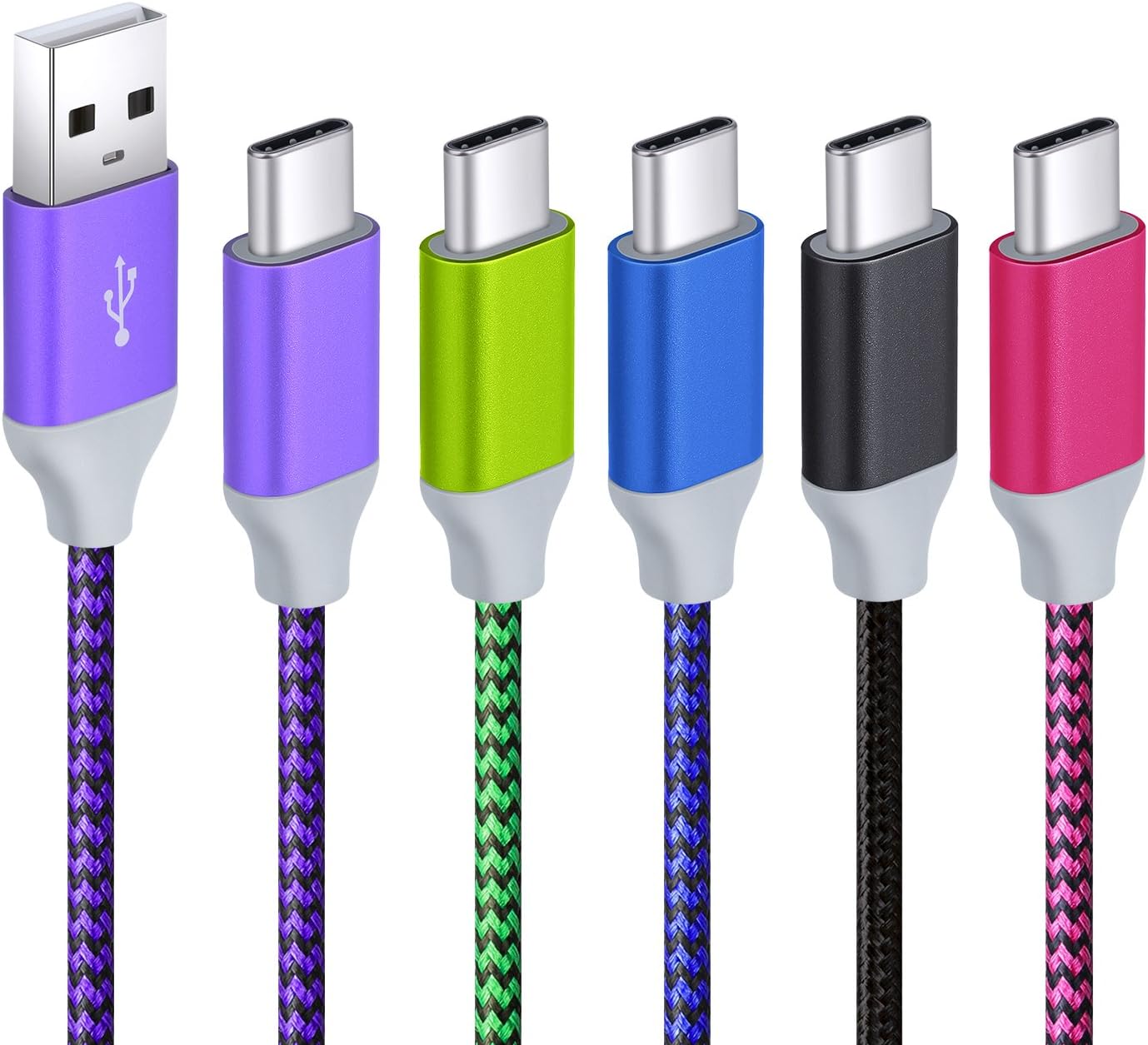 C Type Charger Fast Charge, Excgood 5-Pack 10Ft Nylon Braided USB C Cable Compatible with Galaxy Note9/S8/S9/S10, Nexus 5X/6P, LG G5/G6-Purple,Green,Blue,Black,Hot Pink