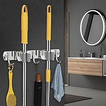 INFERNO Stainless Steel Wall Mounted Broom Stick Holder with 2 Slots with 3 Hanging Hooks | Mop and Broom Holder with Screw Fitting Mechanism with Strong Grip (Pack of 1)