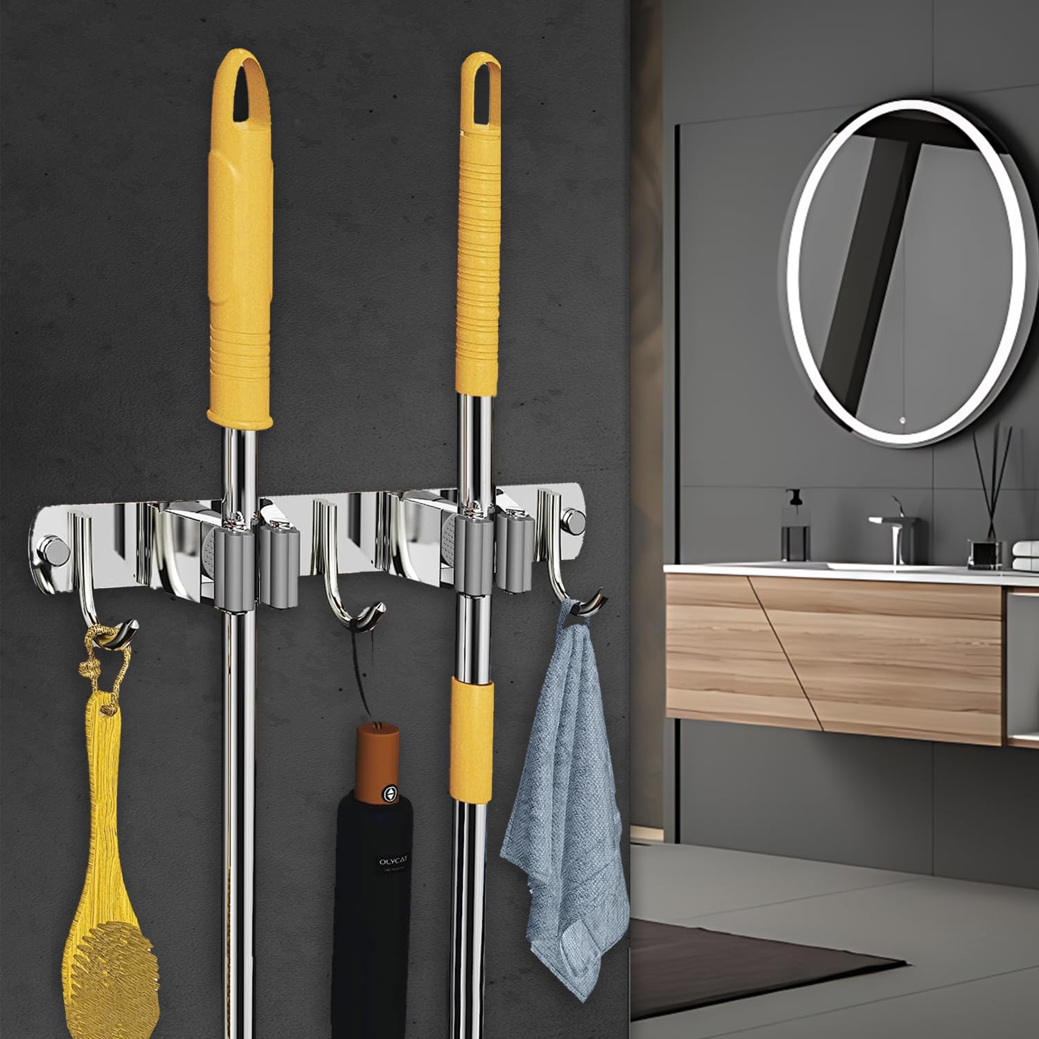 INFERNO Stainless Steel Wall Mounted Broom Stick Holder with 2 Slots with 3 Hanging Hooks | Mop and Broom Holder with Screw Fitting Mechanism with Strong Grip (Pack of 2)-picture-28