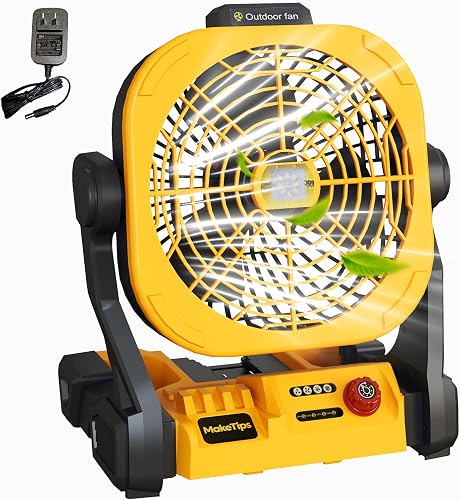 Fan for De/Walt 20V Max Battery (Not Included) – High Airflow Portable Cordless Camping & Jobsite Fan with 4 Speeds, AC Adapter, LED Lights & Hanging Hook for Outdoor Use