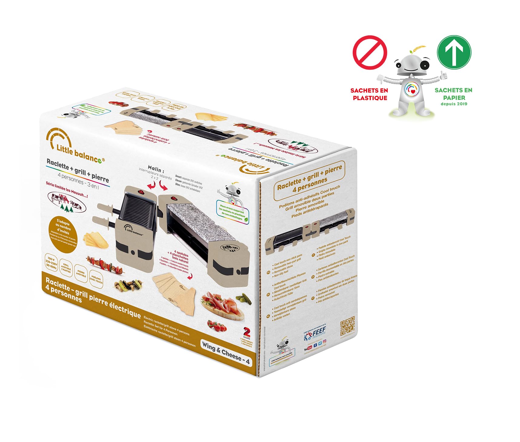 LITTLE BALANCE 8691 Wing & Cheese 4 Meuuuh...!, Raclette Pierre à Cuire, Modulable rotatif 360°, 4 personnes, Sans PFAS, 640 W, Muscade