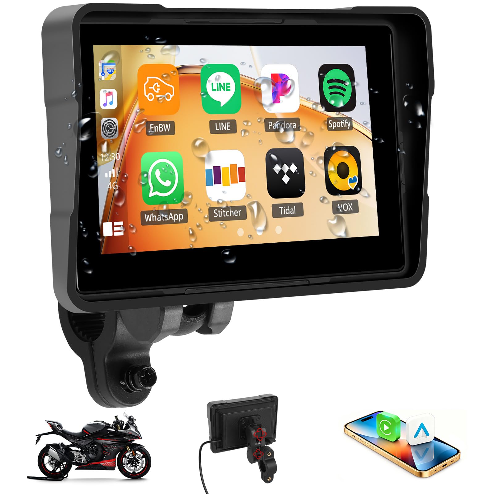 CAMECHO GPS CarPlay Navi Display Moto Senza Fili Android 5 Pollici Impermeabile Touchscreen Doppio Bluetooth EQ