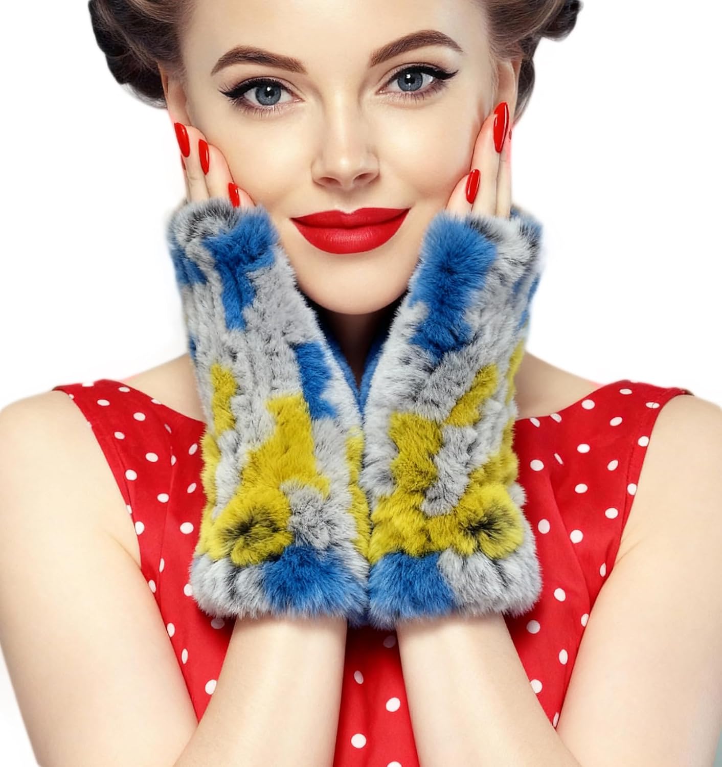 Real Rabbit Fur Gloves for Women - Winter Furry Mittens & Knitted Fingerless Gloves