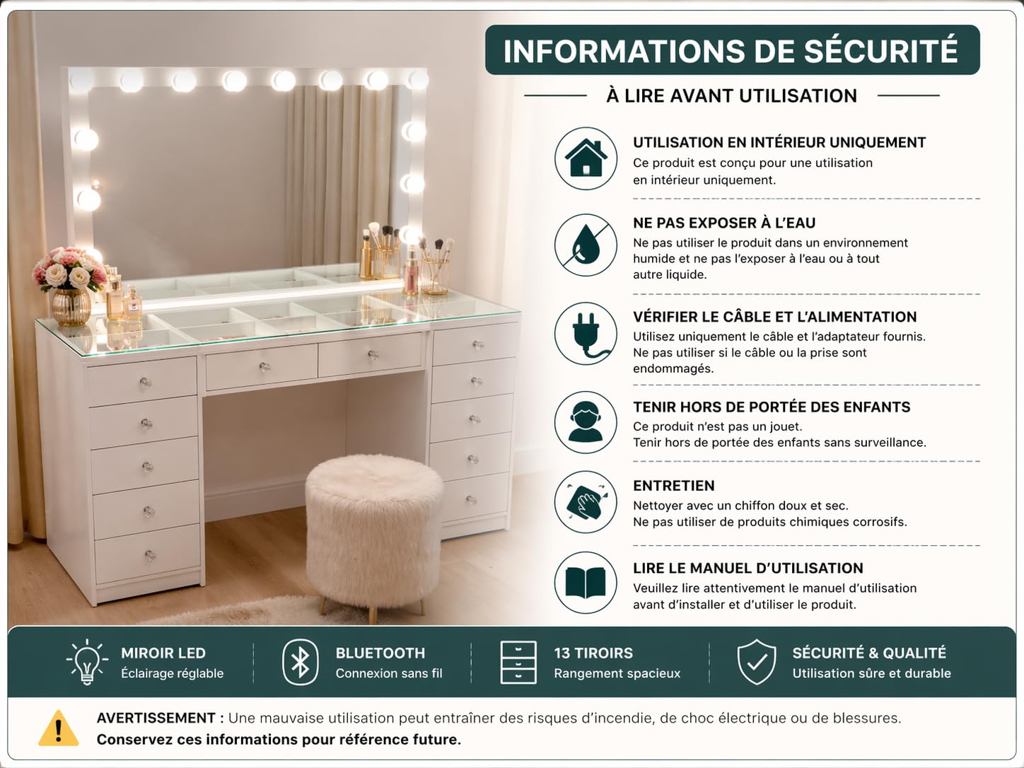 Générique Coiffeuse Vanity avec Miroir Lumineux LED Bluetooth USB – 13 tiroirs – Blanc